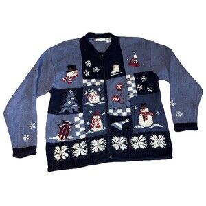 Snowman Christmas Cardigan Sweater XL Wool Angora Snowflakes Embroidered Ugly